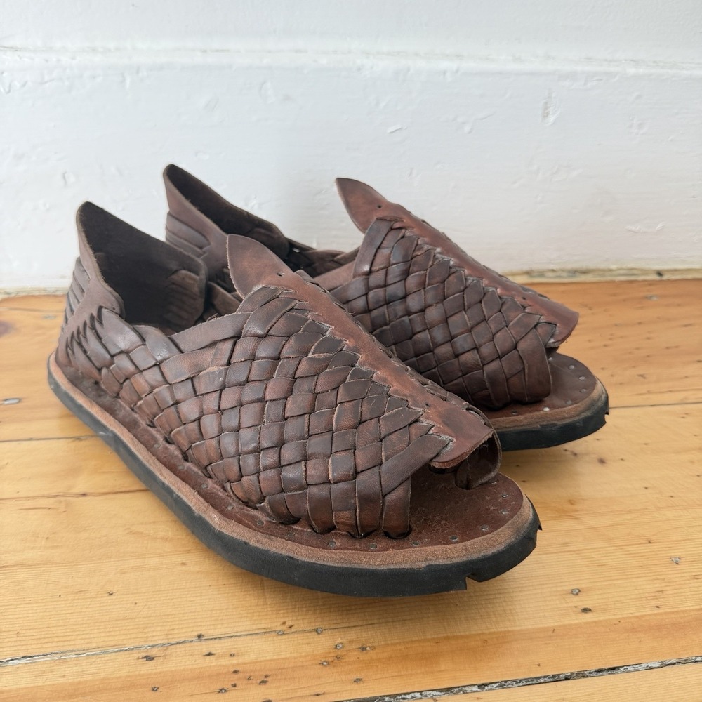 Vintage Handmade Brown Leather Woven Huarache Sandals Mens 9 Fisherman Mexican